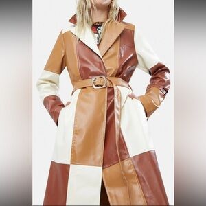Dolls Kill Jaded London Colorblock Faux-Leather 70s Trench Coat - Brown & Cream